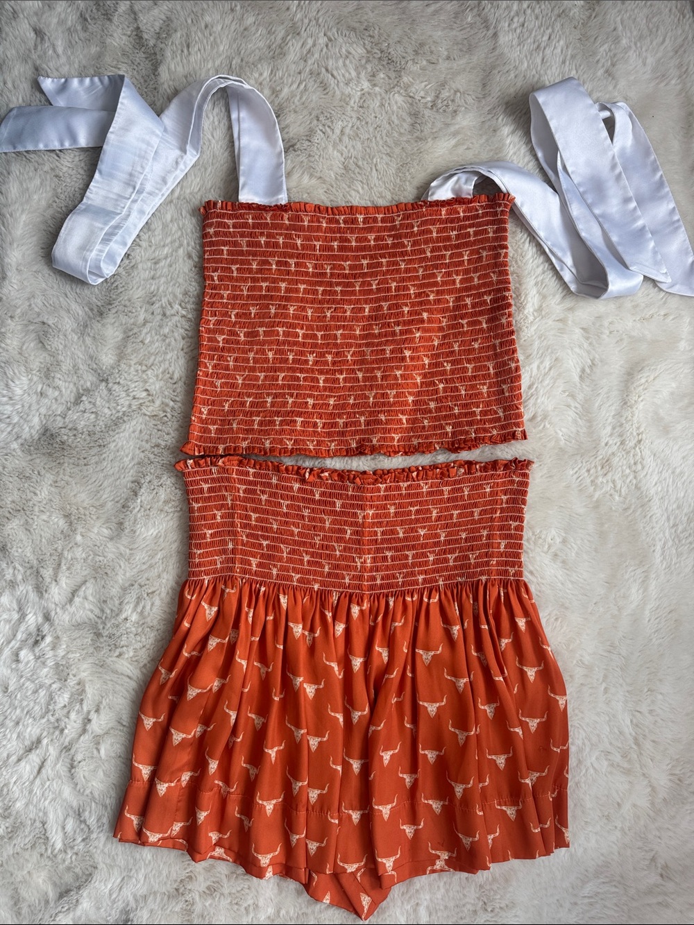 KOCH Texas Longhorn Orange Smocked Tube Romper with White Ribbon Straps